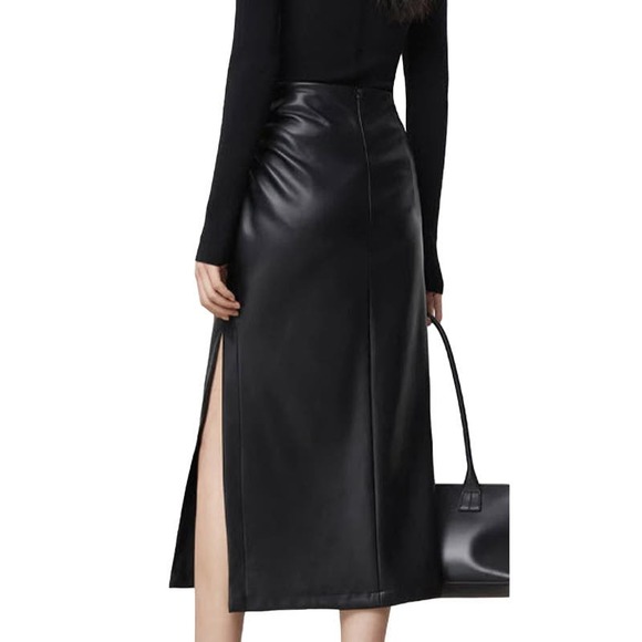 COMMENSE Faux Leather Ruched Slit Midi Skirt, Black - Size XL, - Picture 2 of 3
